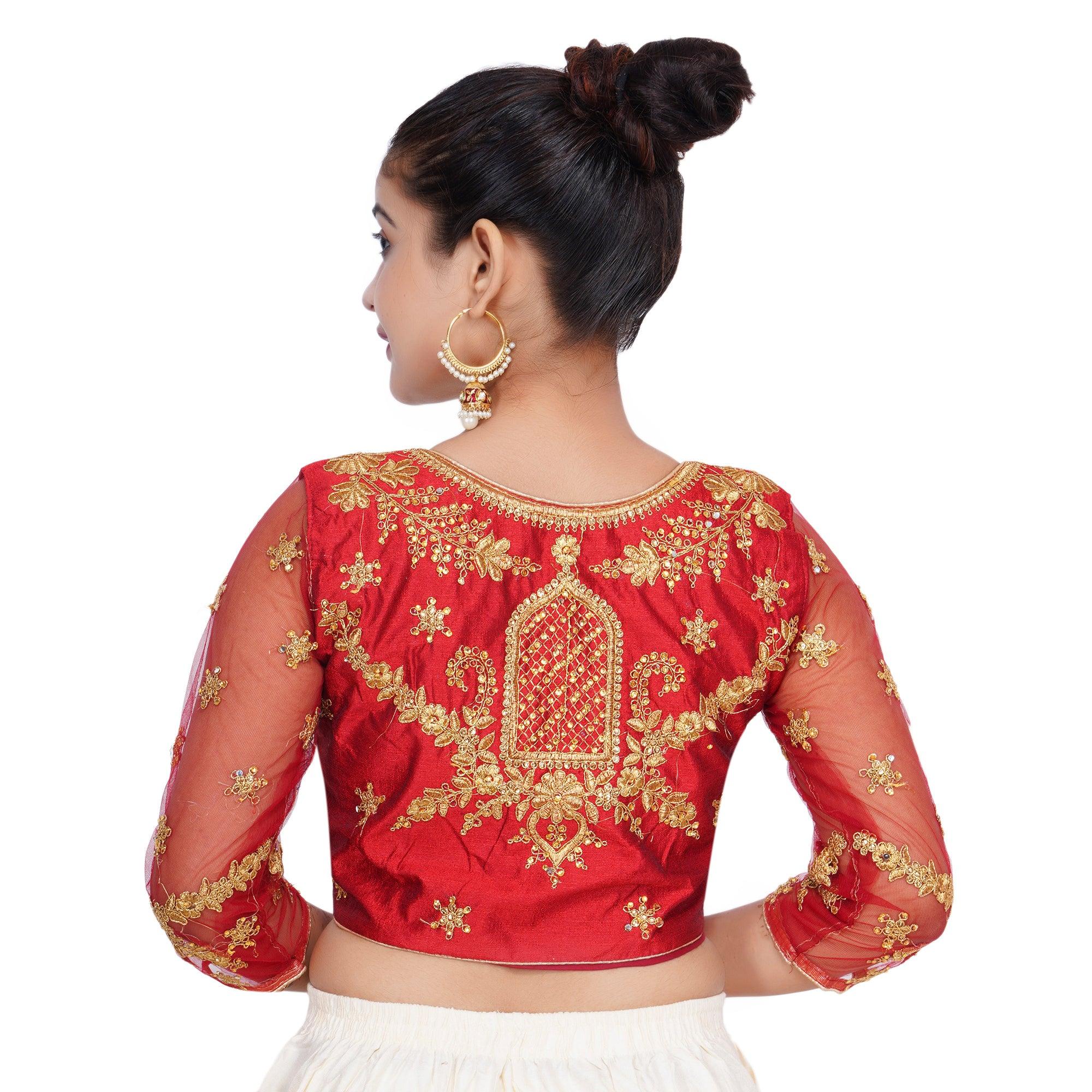 Round Neck Heavy Back Machine Embroidery Maroon Women Blouse