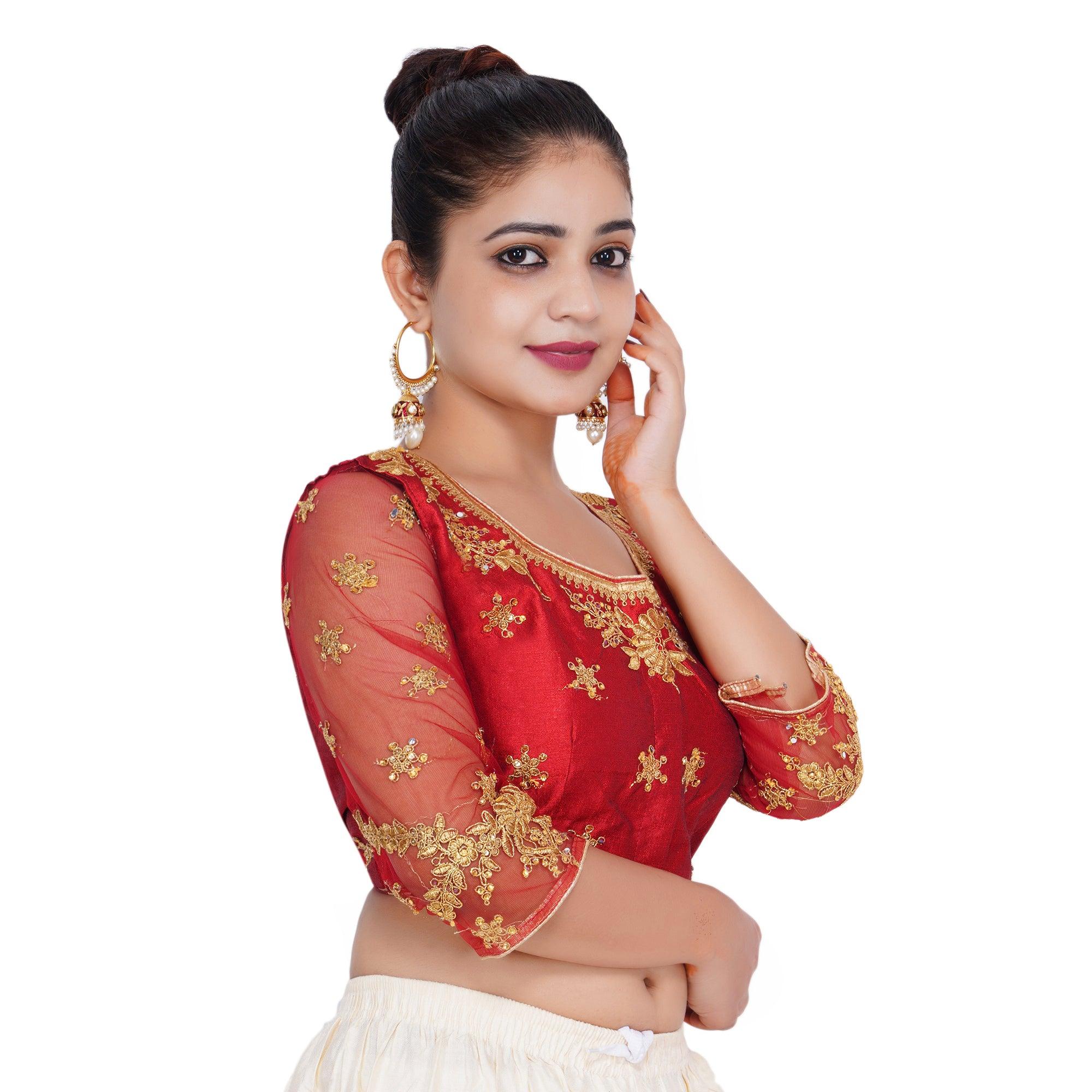 Round Neck Heavy Back Machine Embroidery Maroon Women Blouse
