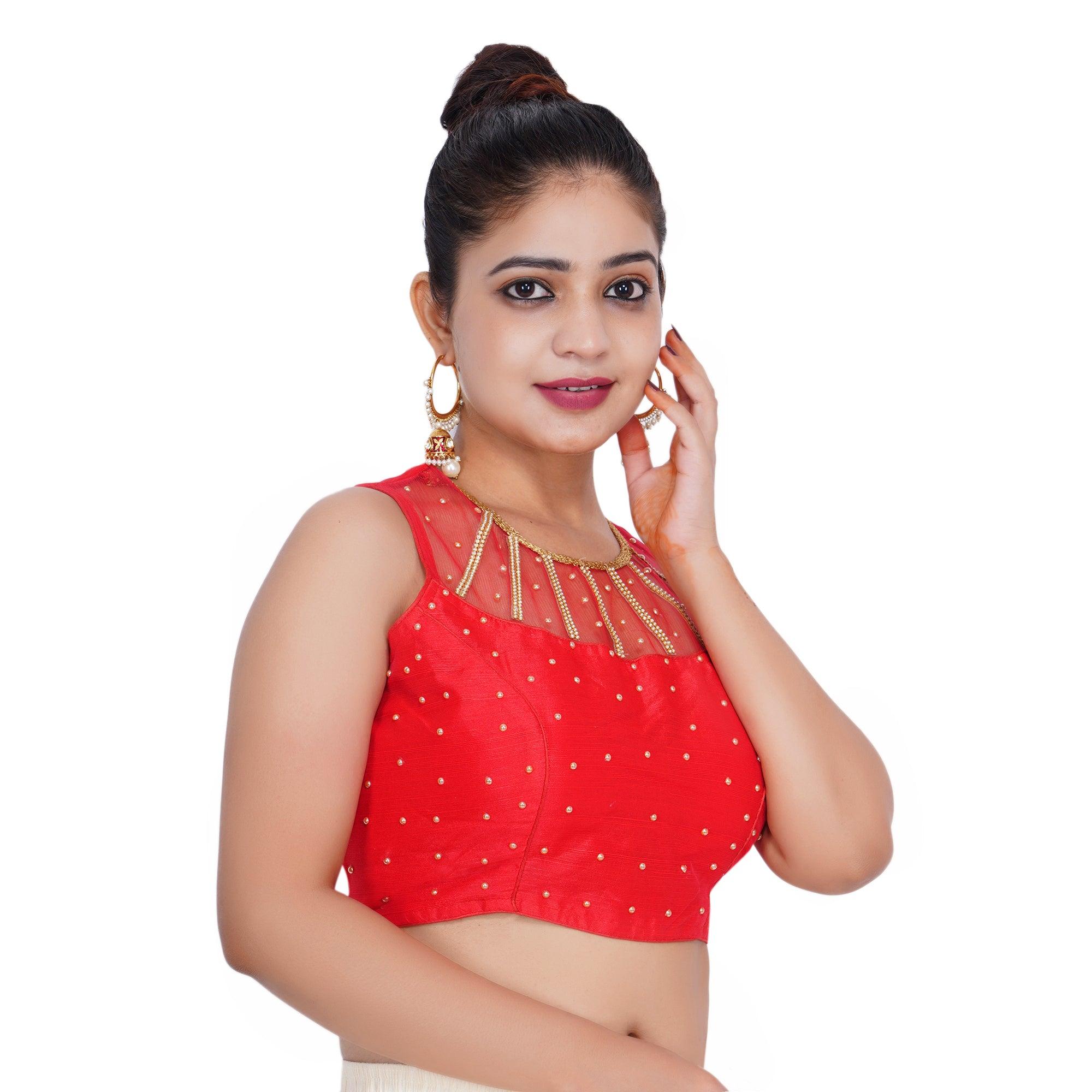 S Neck Stone Work Red Women Blouse