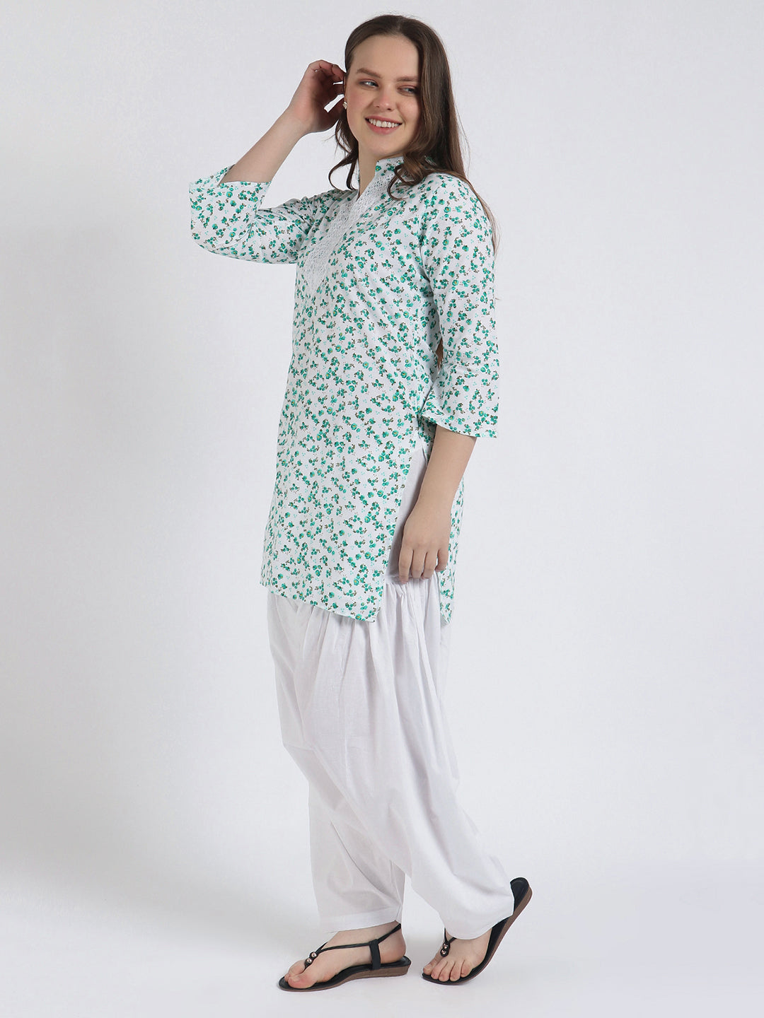 Women Printed Top Green Kurta and Salwar Set Pure Cotton