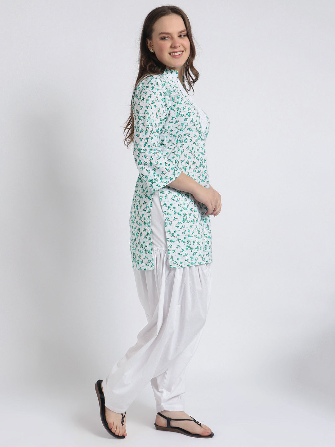 Women Printed Top Green Kurta and Salwar Set Pure Cotton