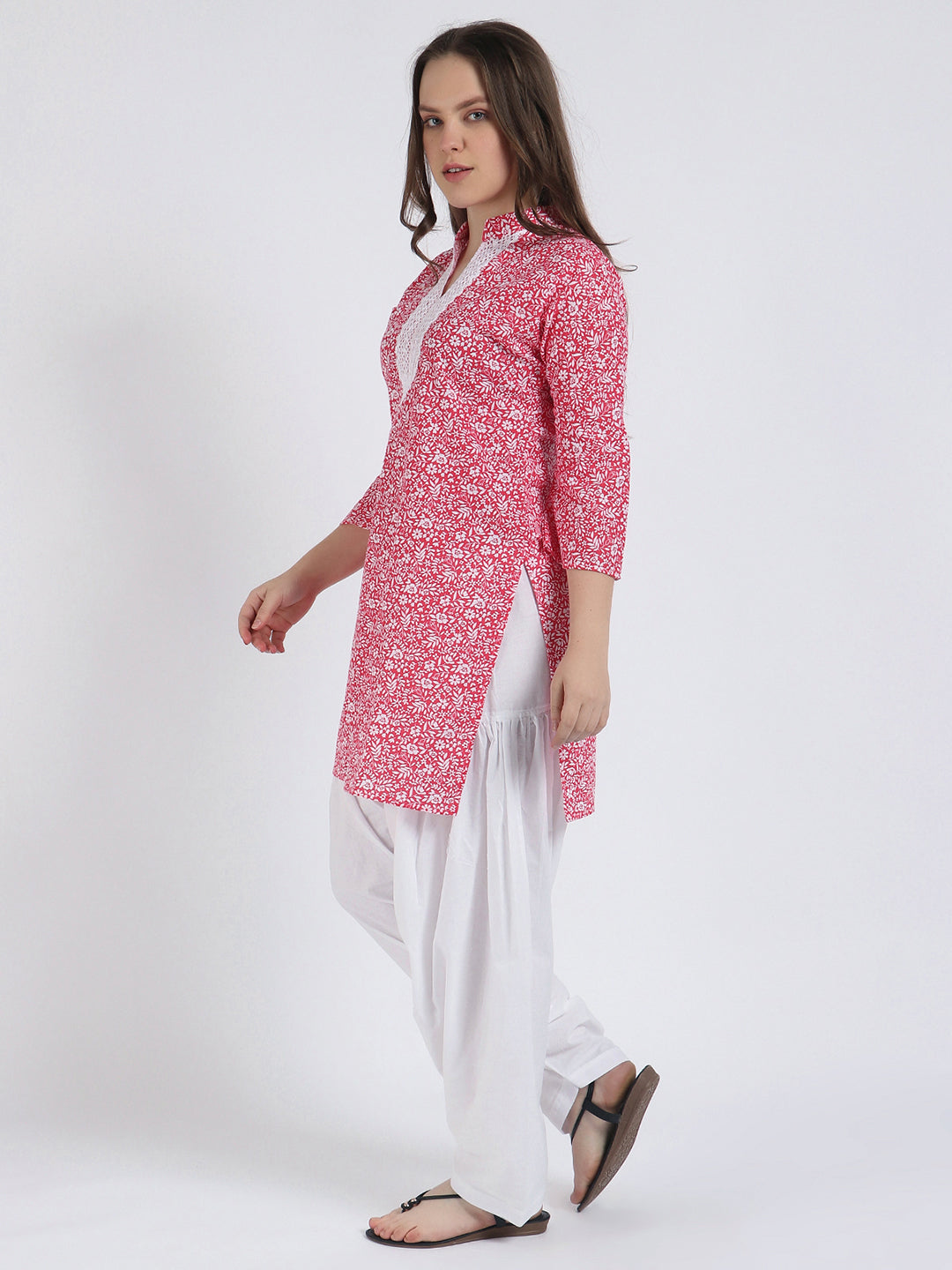 Women Printed Top Red Kurta and Salwar Set Pure Cotton
