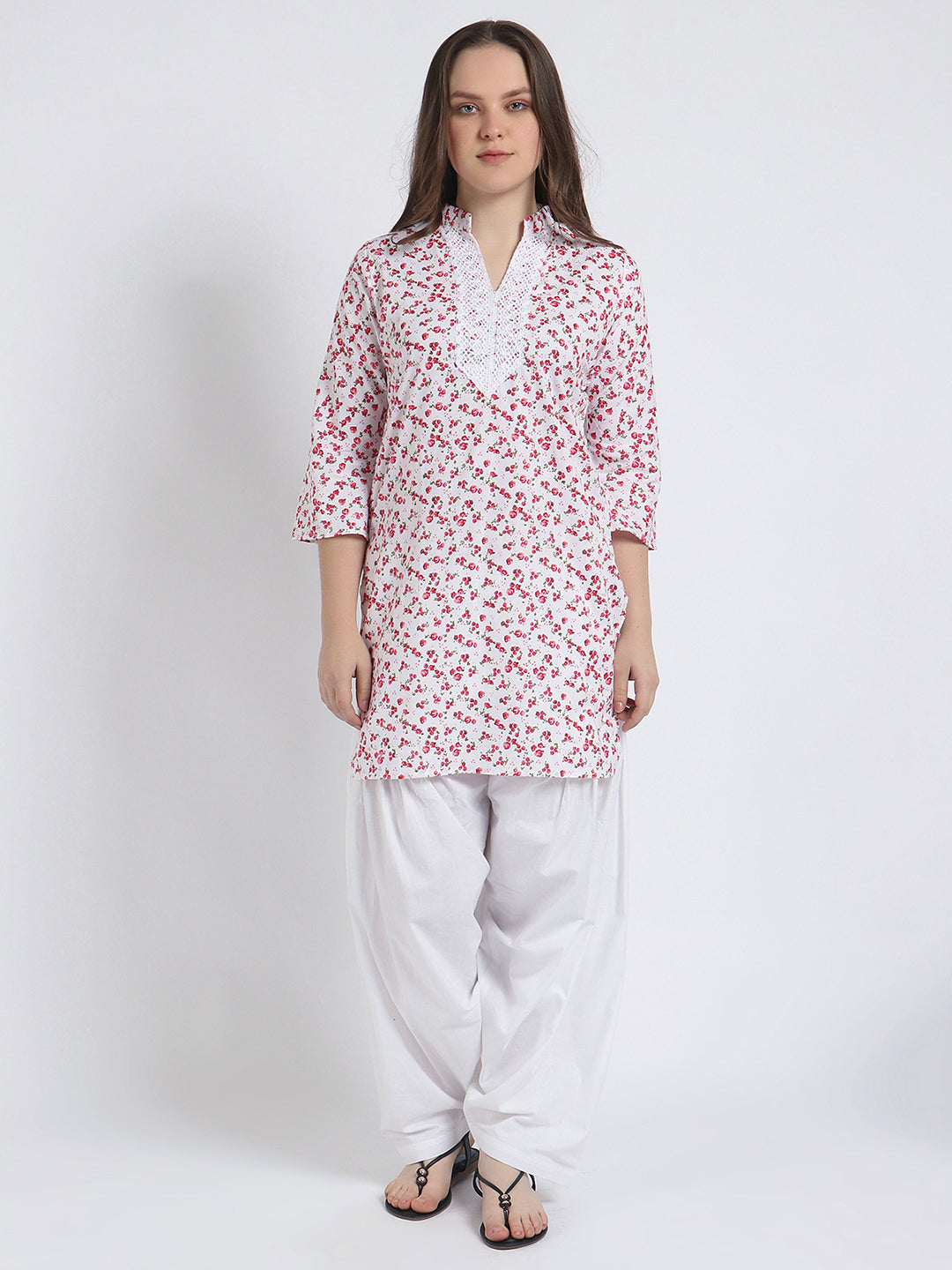 Women Printed Top Red & White Kurta and Salwar Set Pure Cotton
