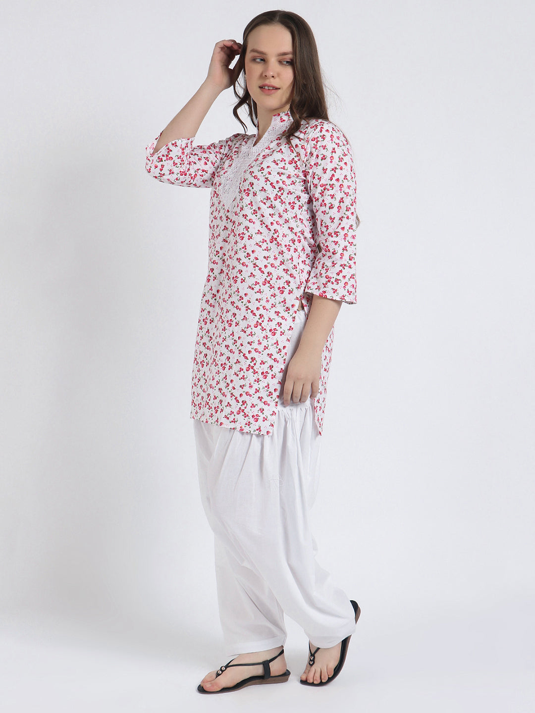 Women Printed Top Red & White Kurta and Salwar Set Pure Cotton
