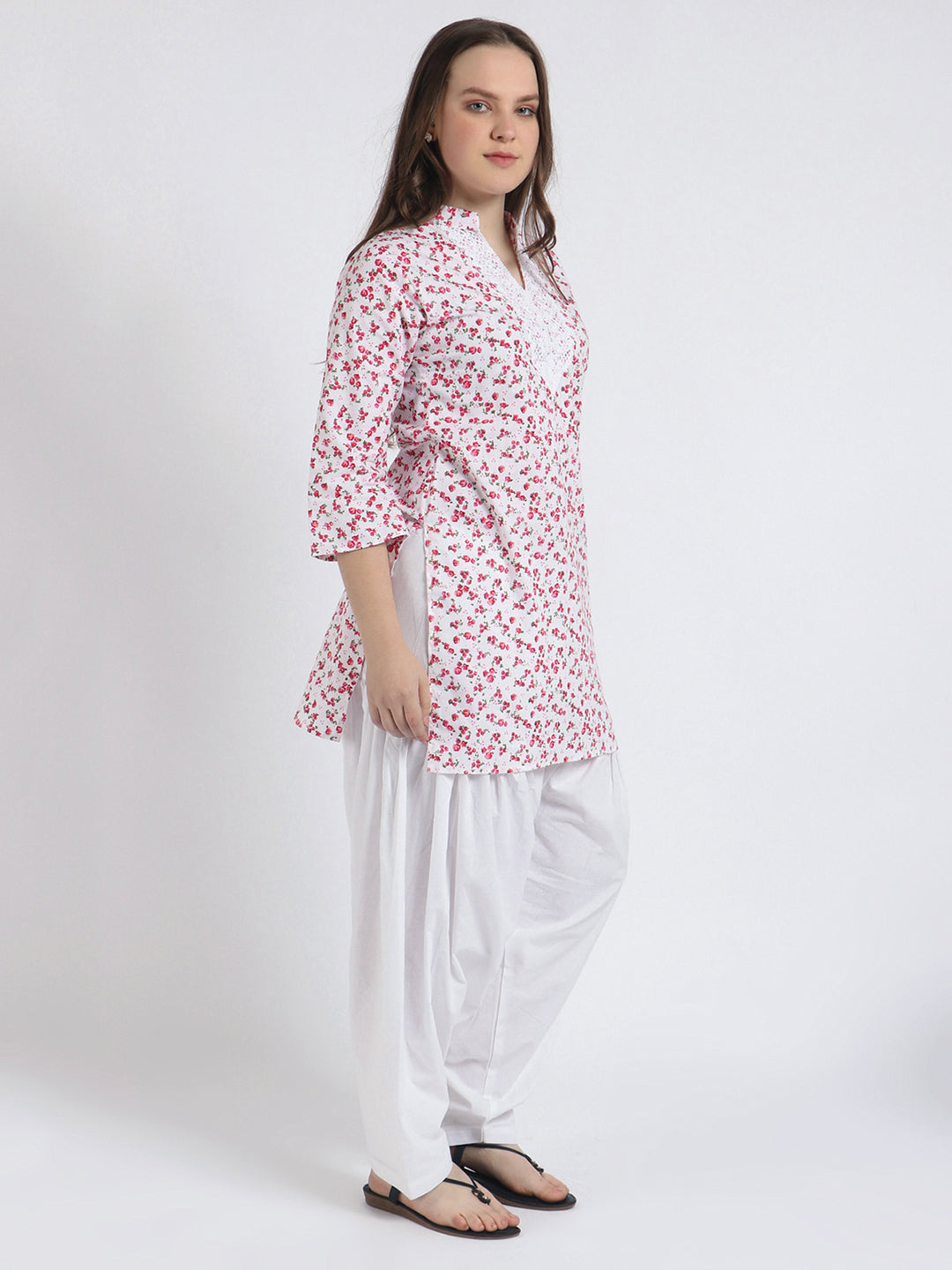 Women Printed Top Red & White Kurta and Salwar Set Pure Cotton