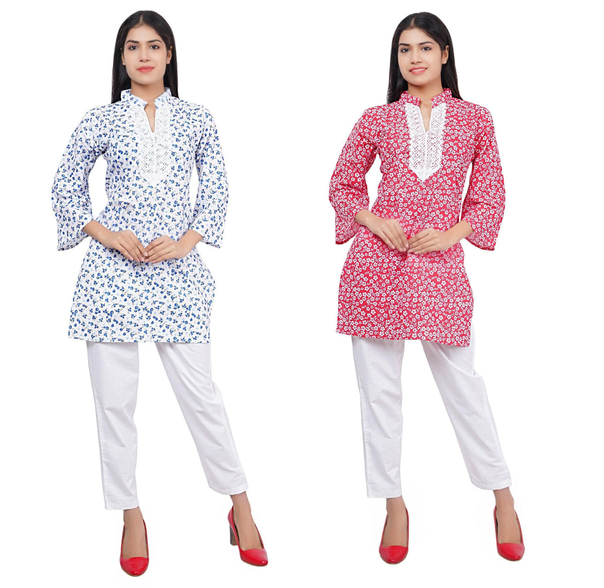Women Blue and Red Floral Print Pure Cotton Straight Kurta Pack Of 2 XXXL