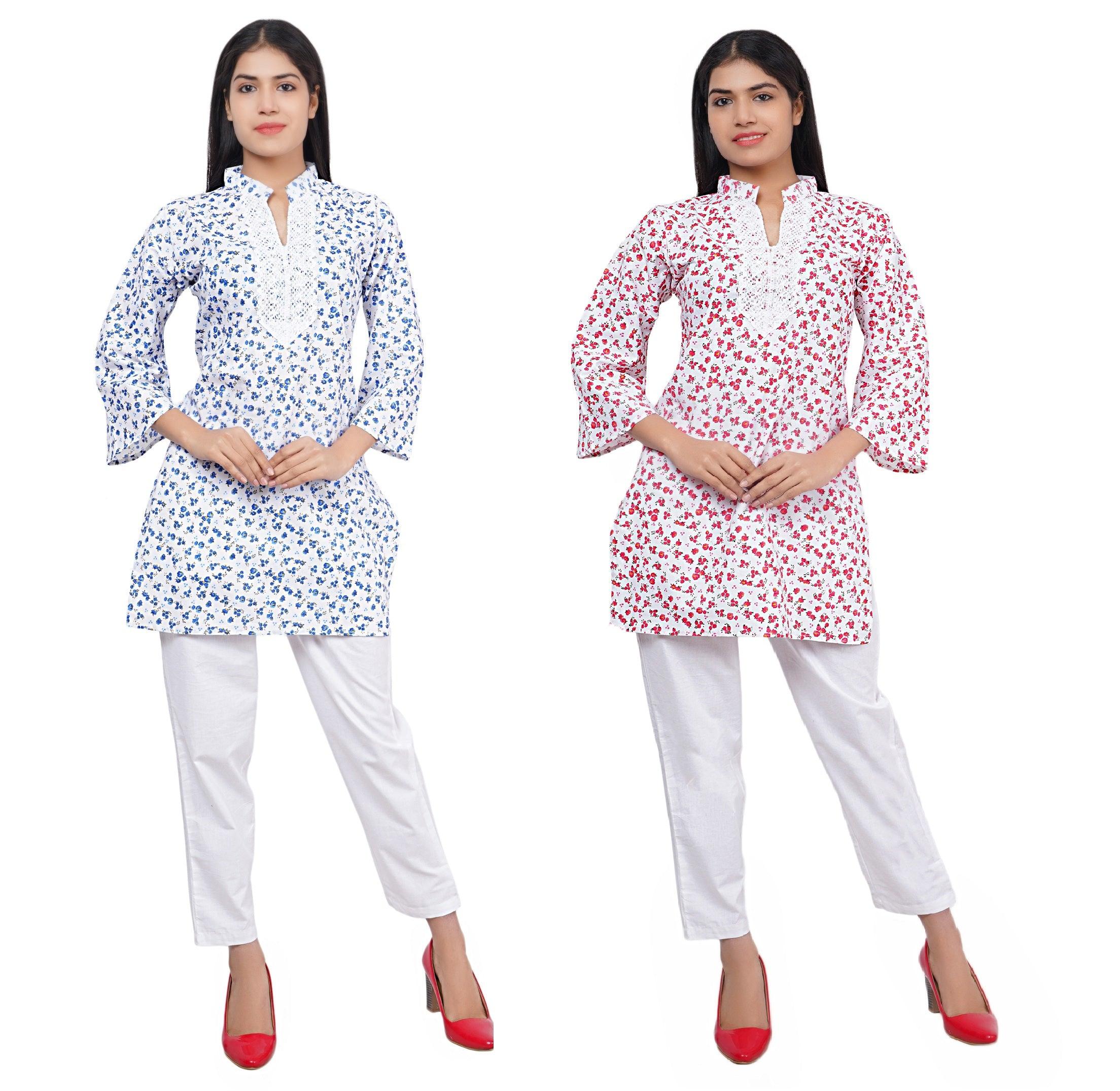 Women Blue and Red White Floral Print Pure Cotton Straight Kurta Pack Of 2 XXXL