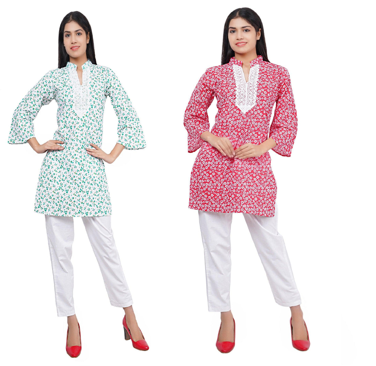 Women Green and Red Floral Print Pure Cotton Straight Kurta Pack Of 2 XXXL