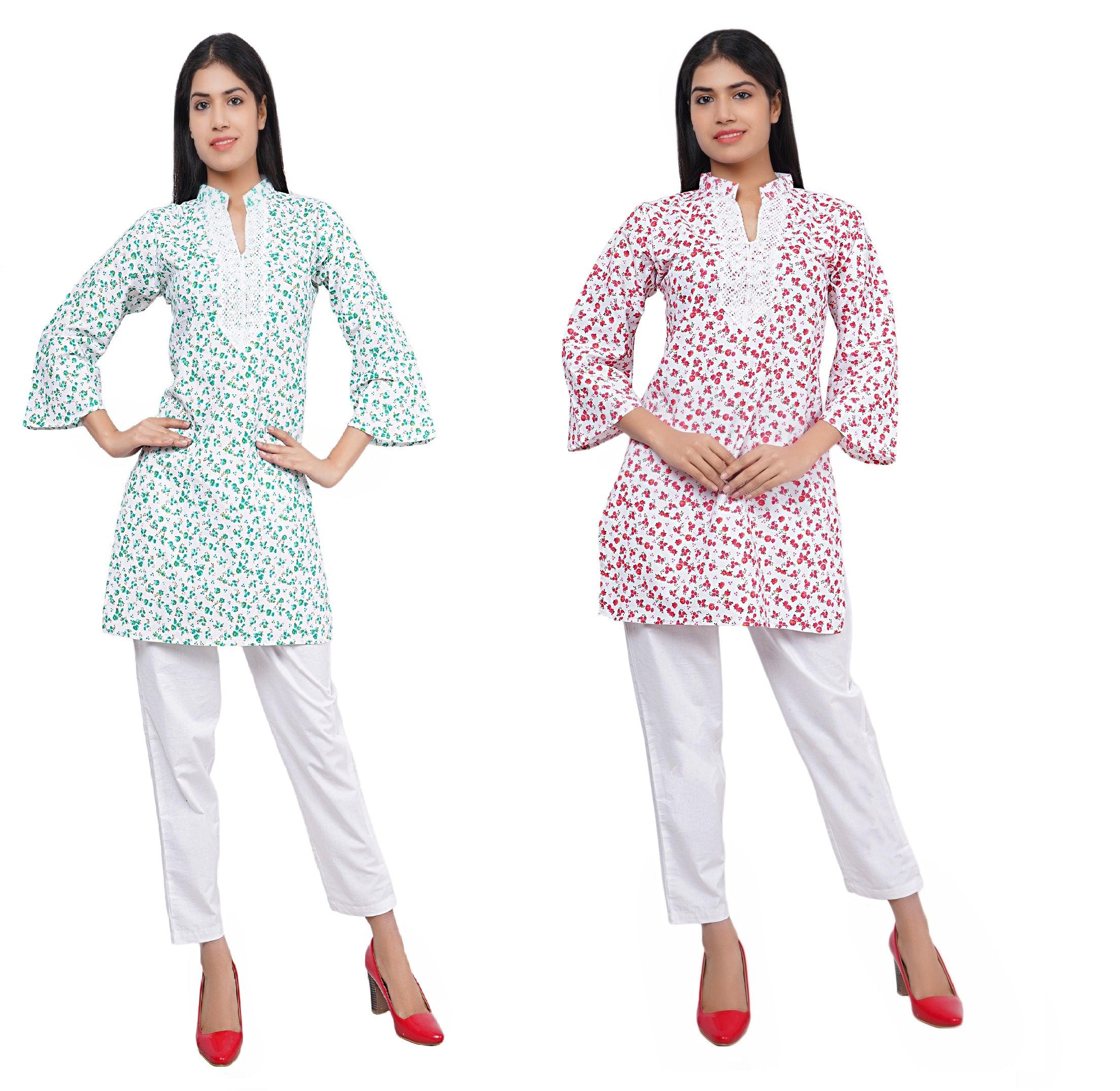 Women Green and Red White Floral Print Pure Cotton Straight Kurta Pack Of 2 XXXL