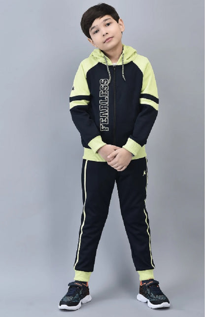 Shiv Naresh Boys Navy & Neon Green Colorblocked "Fearless" Hooded Tracksuit