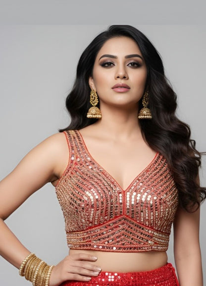 Indian Women's Designer Red Mirror Work Blouse for Women