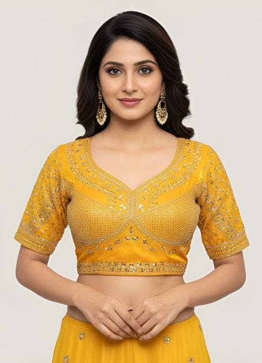 Sun-Kissed Radiance: Hand-Embroidered Mustard Silk Blouse with Sweetheart Neckline