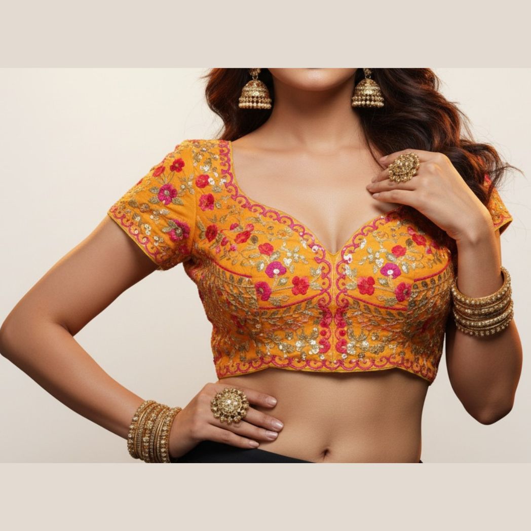 Orange Floral Embroidered Sequin Blouse with Sweetheart Neckline