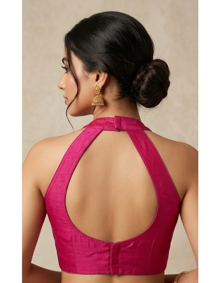 Women Silk Blend Halter Neck Blouse | Padded Backless Designer Saree Blouse | Party & Wedding Wear Readymade Blouse-Rani Pink