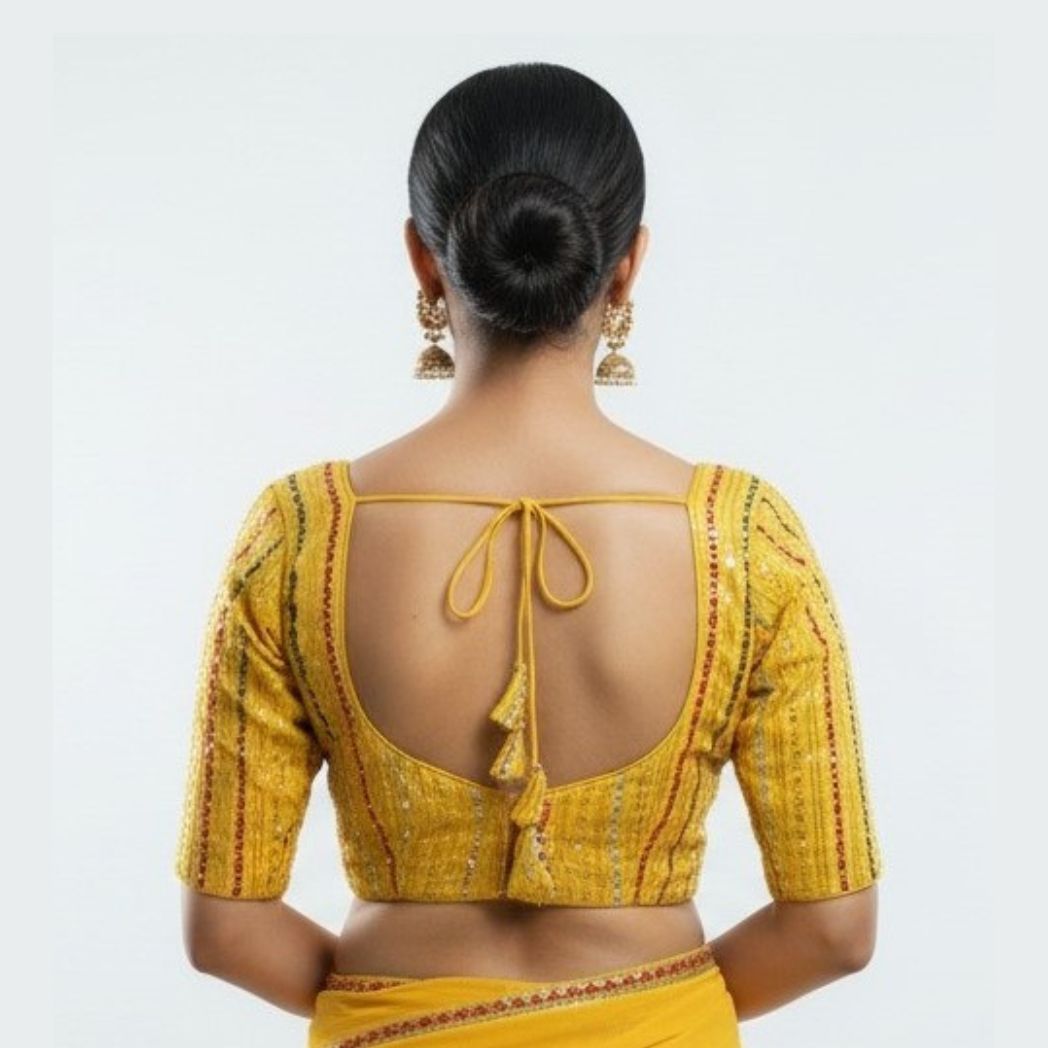 Trendzmy Mustard Yellow Sequin Striped V-Neck Blouse