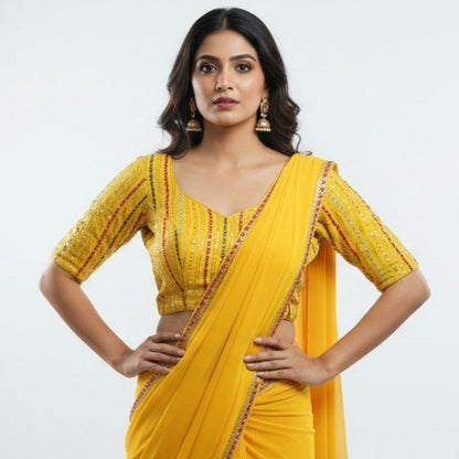 Trendzmy Mustard Yellow Sequin Striped V-Neck Blouse