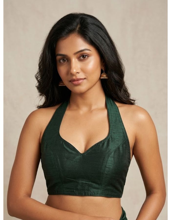 Women Silk Blend Halter Neck Blouse | Padded Backless Designer Saree Blouse | Party & Wedding Wear Readymade Blouse-Dark Green