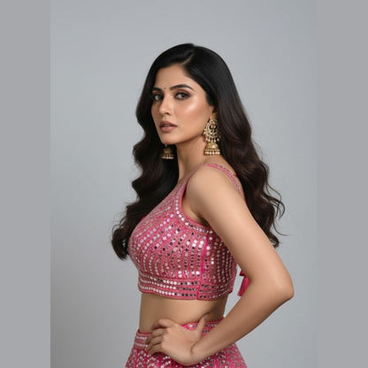 Designer Pink Mirror Work Blouse for Women