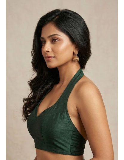 Women Silk Blend Halter Neck Blouse | Padded Backless Designer Saree Blouse | Party & Wedding Wear Readymade Blouse-Dark Green