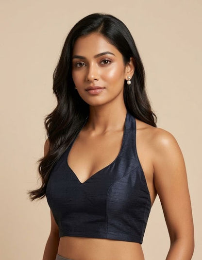 Elegant Midnight Blue Halter Neck Cotton Silk Blouse