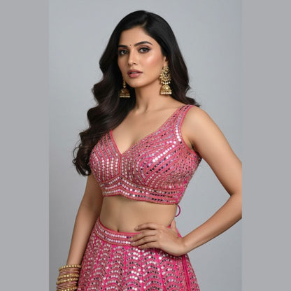 Designer Pink Mirror Work Blouse for Women