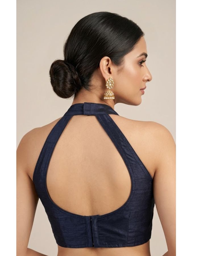 Elegant Midnight Blue Halter Neck Cotton Silk Blouse