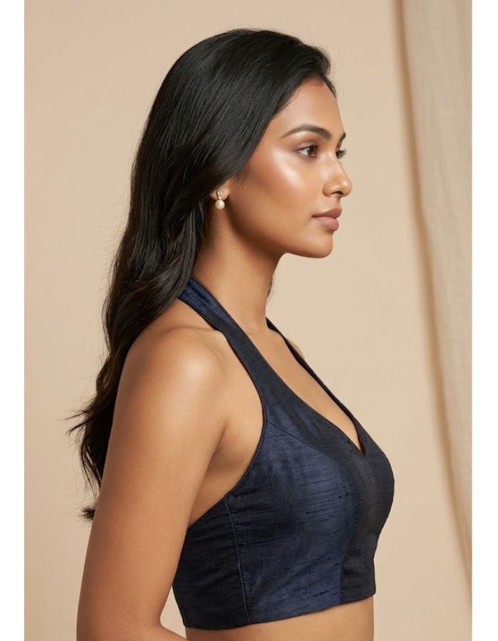 Elegant Midnight Blue Halter Neck Cotton Silk Blouse