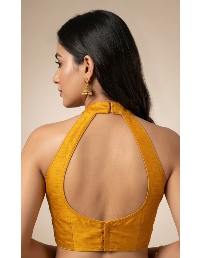 Mustard Yellow Halter Neck Blouse | Premium Cotton Silk Textured Fabric | Solid Color | Women's Ethnic Fusion & Party Wear