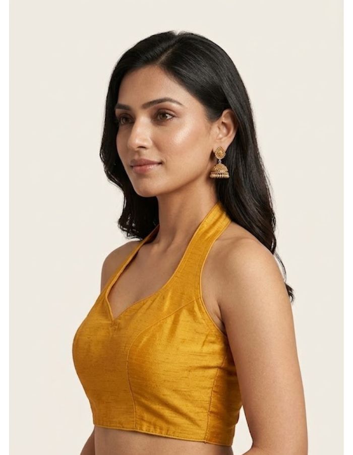 Mustard Yellow Halter Neck Blouse | Premium Cotton Silk Textured Fabric | Solid Color | Women's Ethnic Fusion & Party Wear