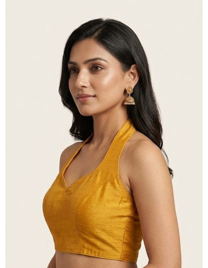 Mustard Yellow Halter Neck Blouse | Premium Cotton Silk Textured Fabric | Solid Color | Women's Ethnic Fusion & Party Wear