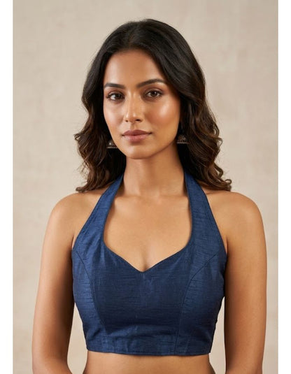 Navy Blue Halter Neck Blouse | Premium Cotton Silk Textured Fabric | Solid Color | Women's Sleeveless V-Neck Party & Casual Wear