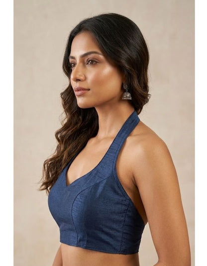 Navy Blue Halter Neck Blouse | Premium Cotton Silk Textured Fabric | Solid Color | Women's Sleeveless V-Neck Party & Casual Wear