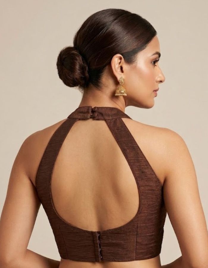 Women Silk Blend Halter Neck Blouse | Padded Backless Designer Saree Blouse | Party & Wedding Wear Readymade Blouse-Brown