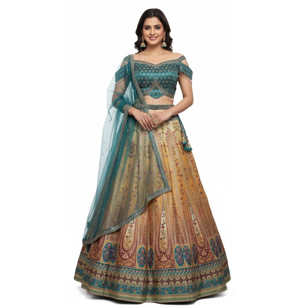 💎 Striking Firozy & Golden Art Silk Lehenga Crop Top Set