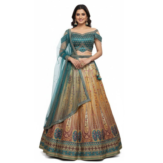 💎 Striking Firozy & Golden Art Silk Lehenga Crop Top Set
