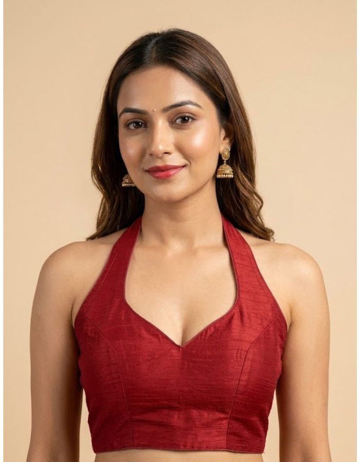 Maroon Cotton Silk Halter Neck Blouse | Textured Solid Color | Premium Ethnic Party & Festive Wear for Women Free Maroon
