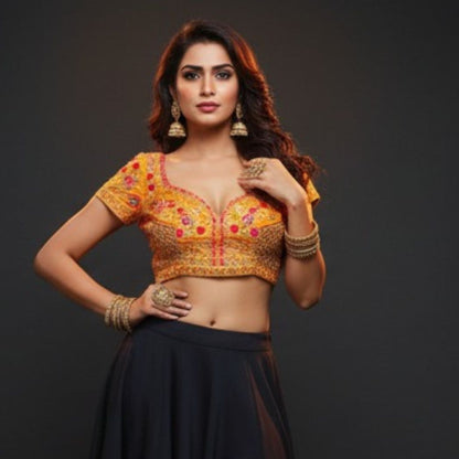 Trendzmy Orange Floral Embroidered Sequin Blouse with Sweetheart Neckline