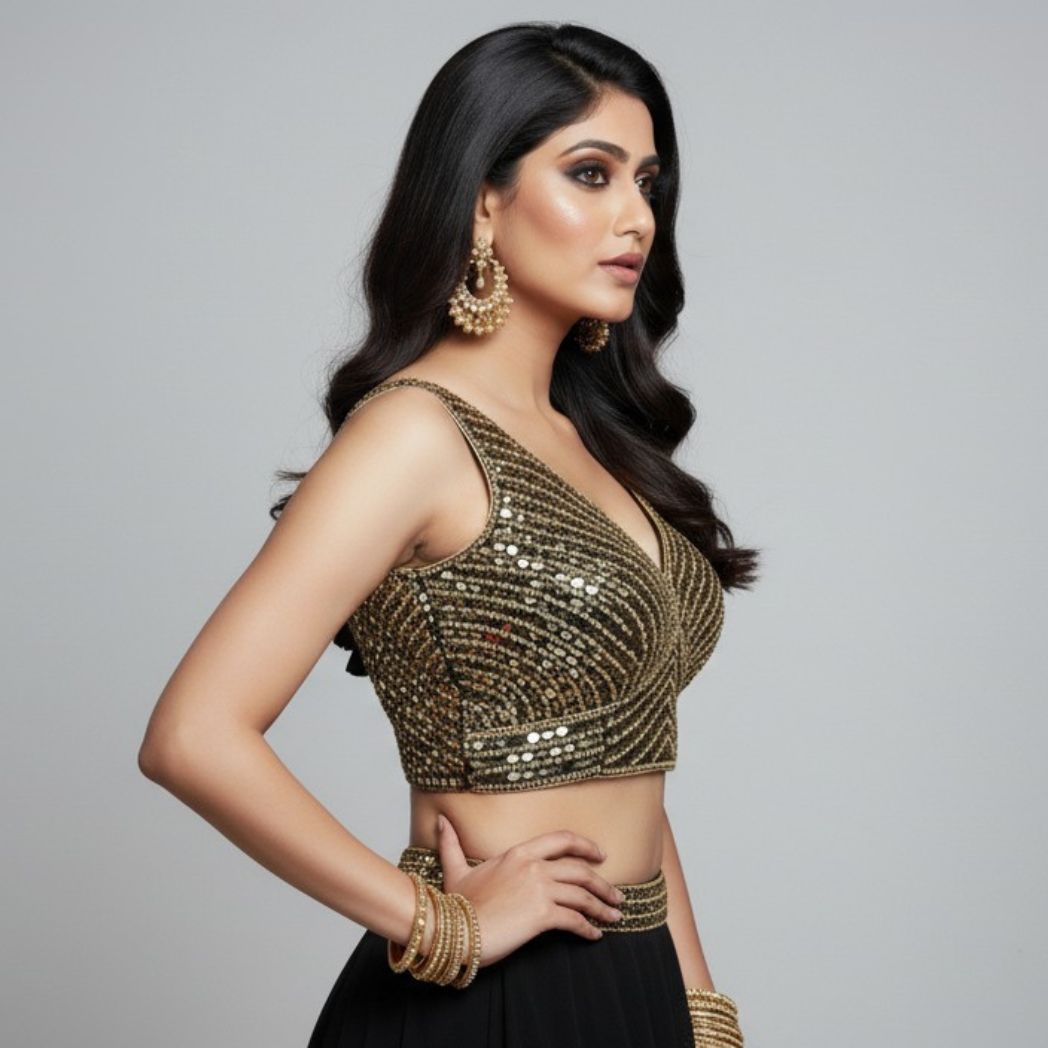 Black and Gold Sequin V-Neck Sleeveless Designer Blouse