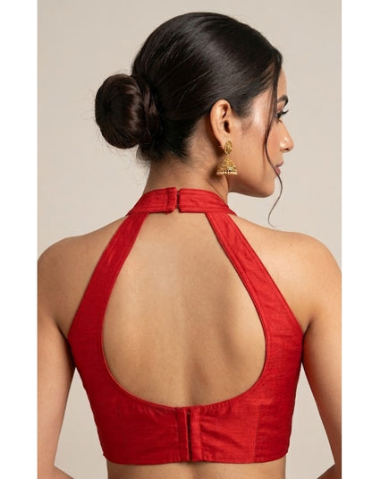Women Silk Blend Halter Neck Blouse | Padded Backless Designer Saree Blouse | Party & Wedding Wear Readymade Blouse-Red