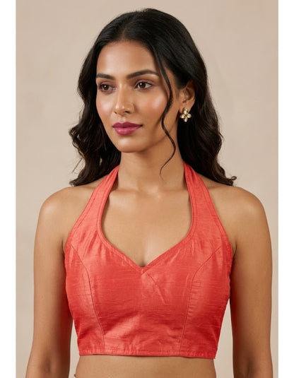 Women Silk Blend Halter Neck Blouse | Padded Backless Designer Saree Blouse | Party & Wedding Wear Readymade Blouse-Pink