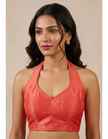 Women Silk Blend Halter Neck Blouse | Padded Backless Designer Saree Blouse | Party & Wedding Wear Readymade Blouse-Pink Gajari