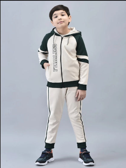 Shiv Naresh Boys Cream & Bottle Green Colorblocked "Fearless" Hooded Tracksuit