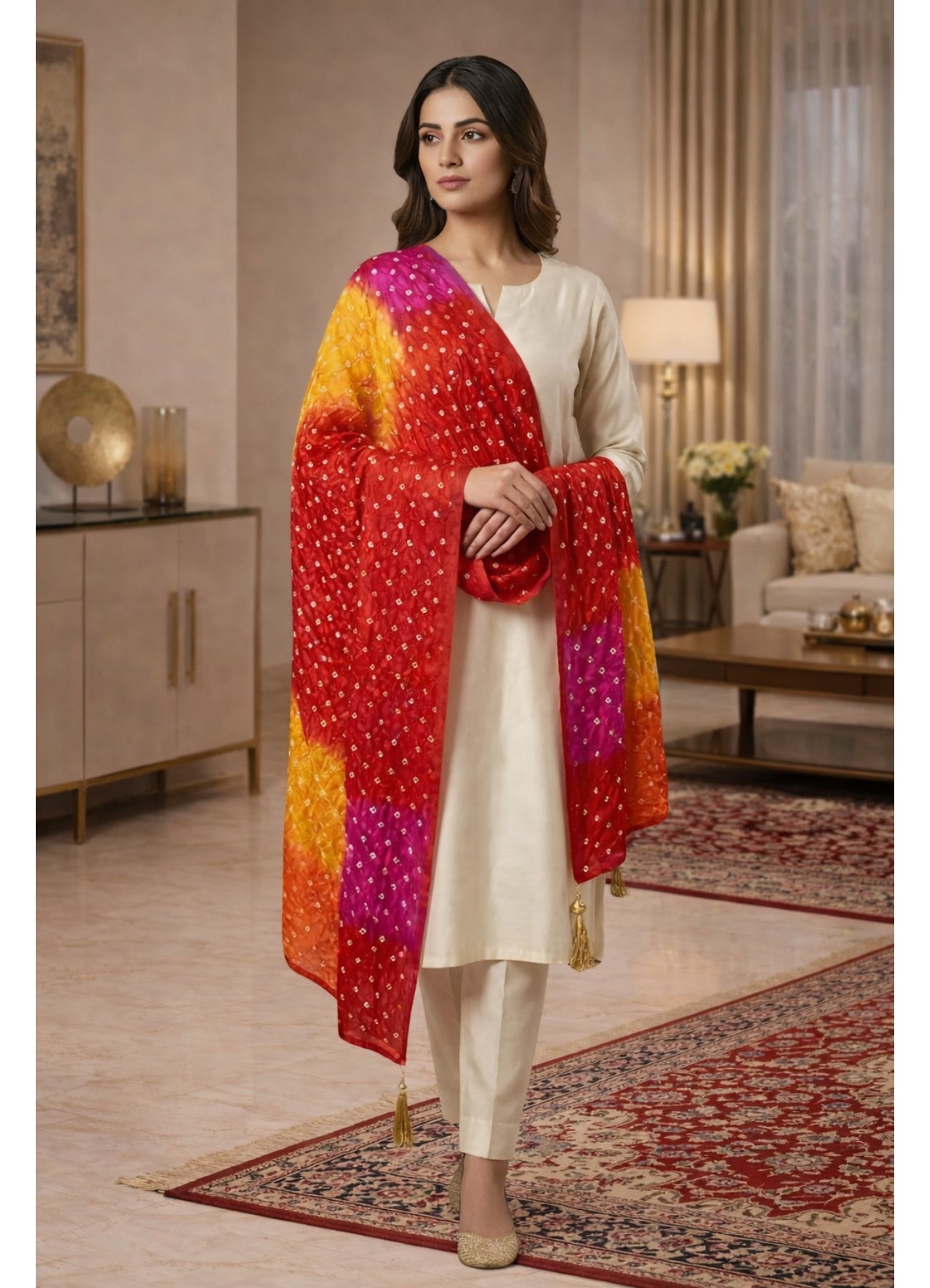 Women’s Semi Cotton Silk Bandhani Printed Dupatta with Tassels – Festive & Ethnic Wear