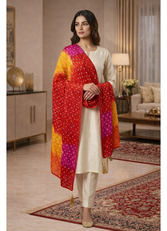 Women’s Semi Cotton Silk Bandhani Printed Dupatta with Tassels – Festive & Ethnic Wear