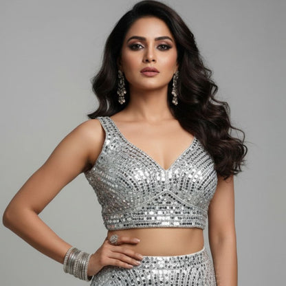 Silver Mirror Work V-Neck Sleeveless Party Wear Blouse