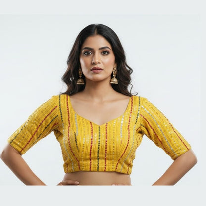 Trendzmy Mustard Yellow Sequin Striped V-Neck Blouse