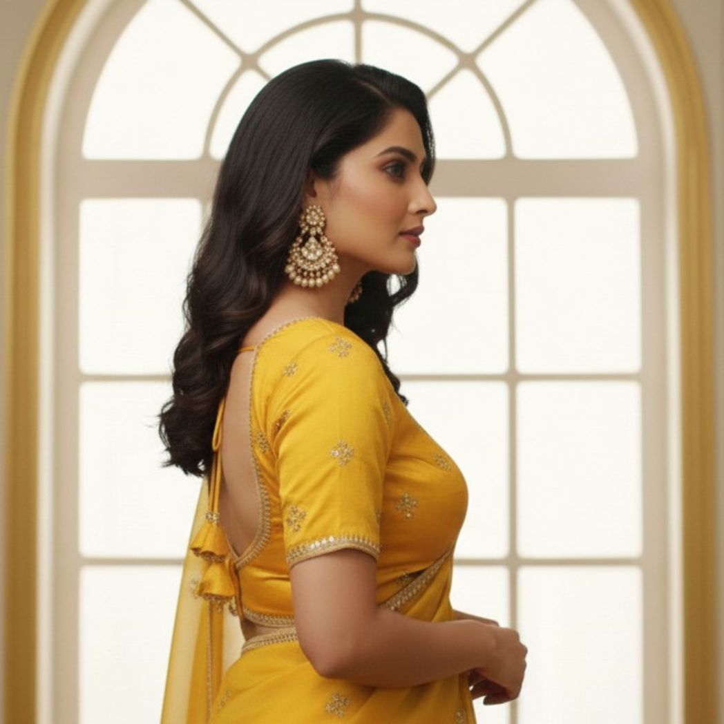 Vibrant Mustard Yellow V-Neck Blouse with Zari Border