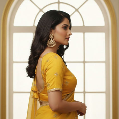 Vibrant Mustard Yellow V-Neck Blouse with Zari Border