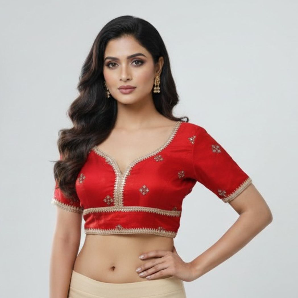 Striking Red Silk Finish V-Neck Blouse with Gold Zari Work