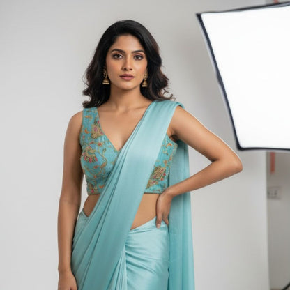 Trendzmy Turquoise Blue Embroidered V-Neck Blouse with Attached Sleeves